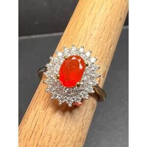NEW Mexican Cherry fire opal moissanite halo ring in vermeil YG over 925 size 5